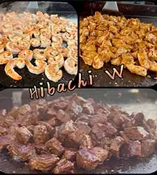 hibachi at home airbnb delaware – grilled steak, shrimp, and chicken on teppanyaki grill