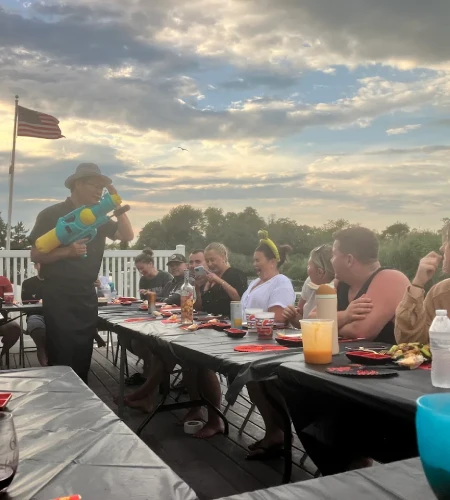 Hibachi chef hosting an at-home hibachi dinner at a vacation rental in Jersey Shore