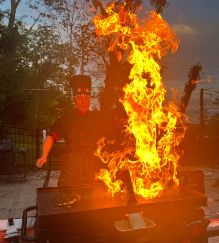 Hibachi at home fire show with a private chef for backyard and residential setups in Massachusetts