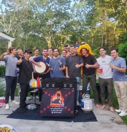 hibachi at home airbnb rhode island – men’s group with hibachi chef and lion drum