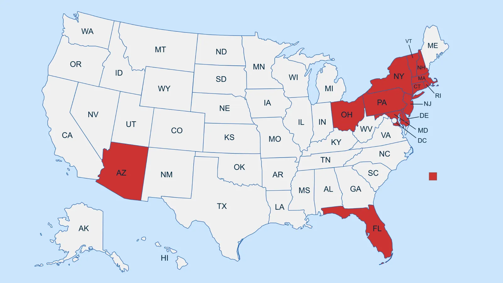 Hibachi W USA service area map for private hibachi chef catering across New York, New Jersey, Pennsylvania, Florida, Connecticut, Massachusetts, Rhode Island and more.